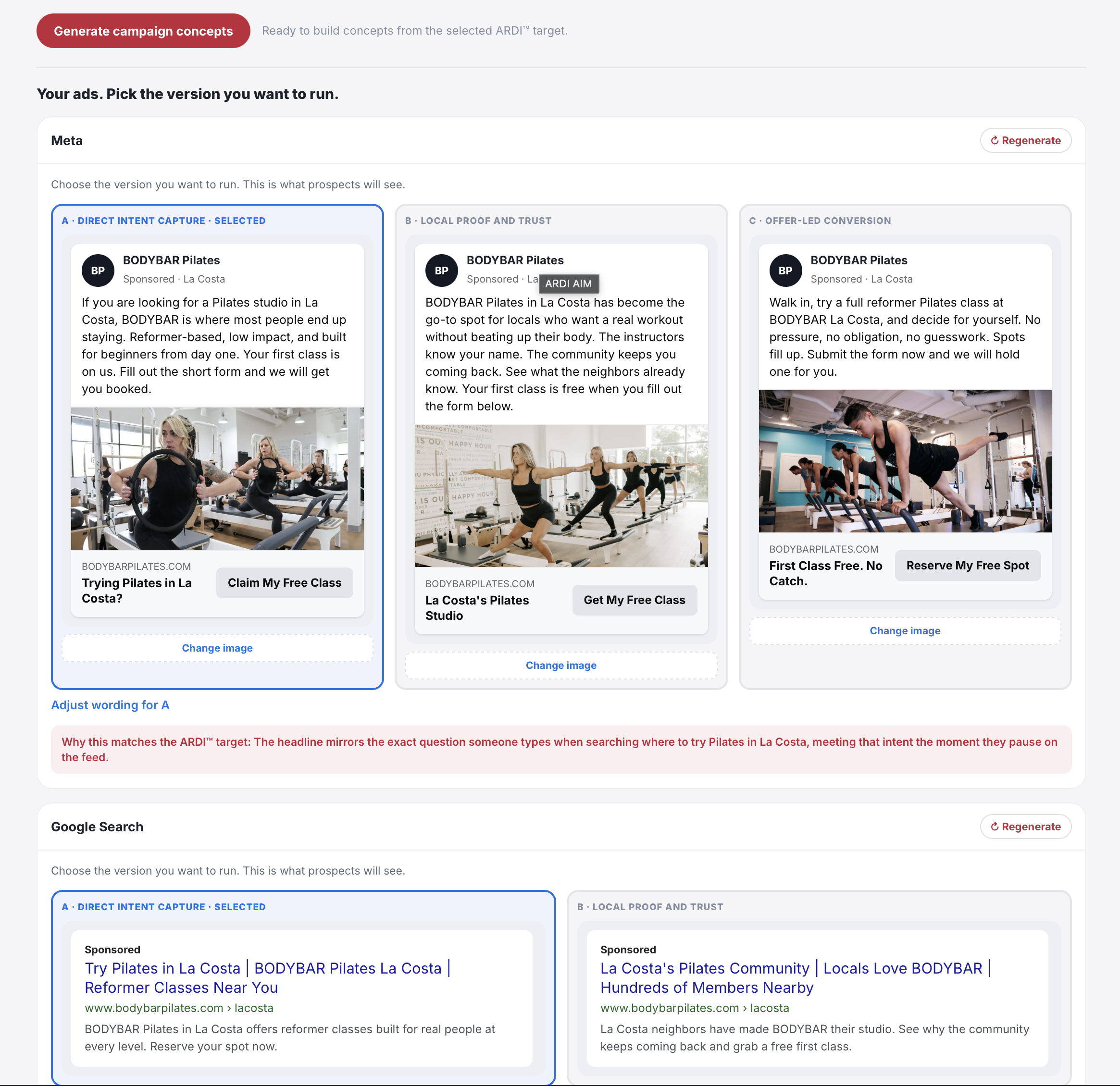 ARDI AIM: choose your ARDI target, build campaign concepts in Ad Studio, score them in Pre-Flight, and launch.