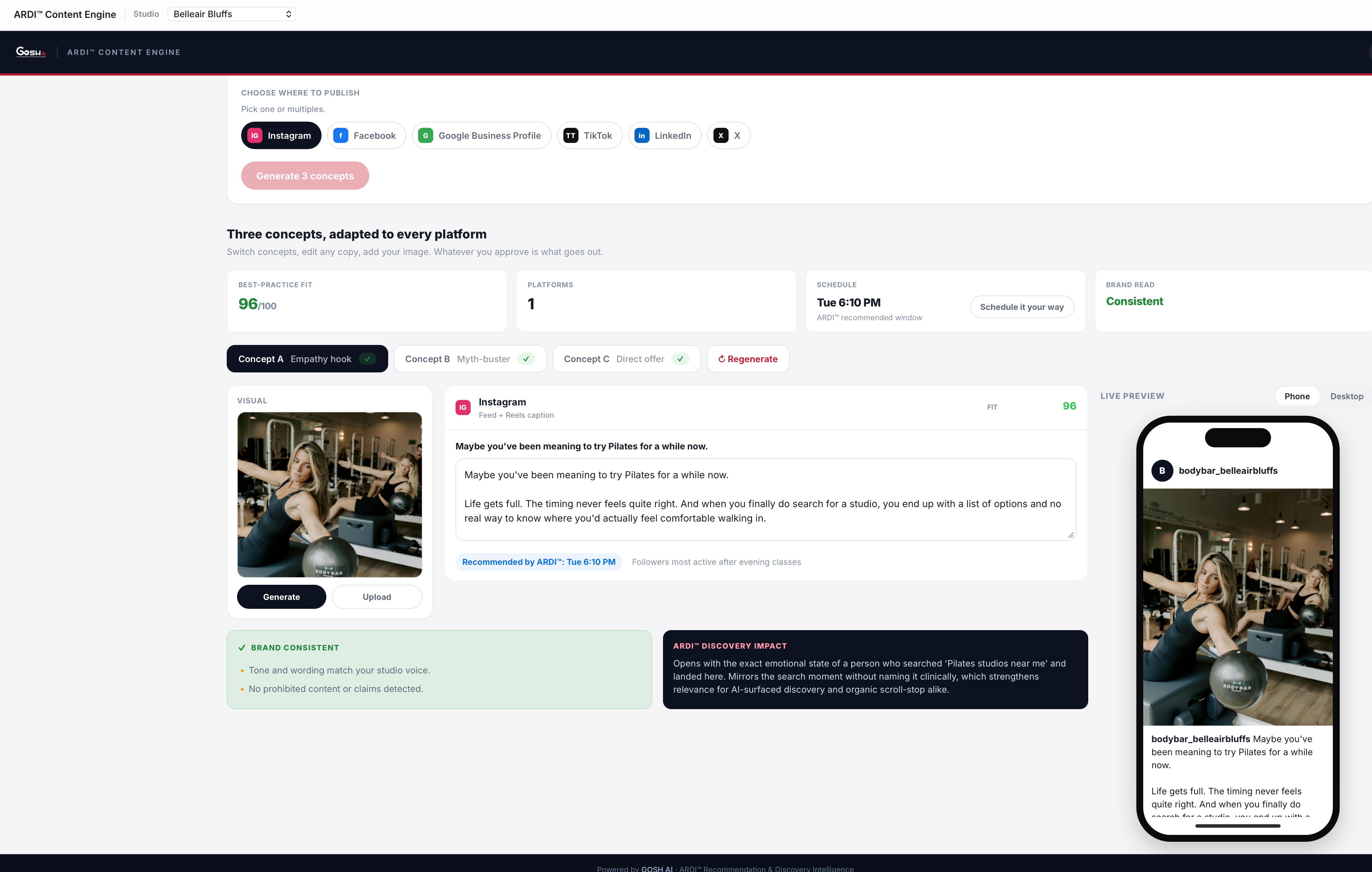 The ARDI Content Engine: choose where to publish, generate three concepts adapted to every platform, review the live phone preview, and schedule at ARDI-recommended times.